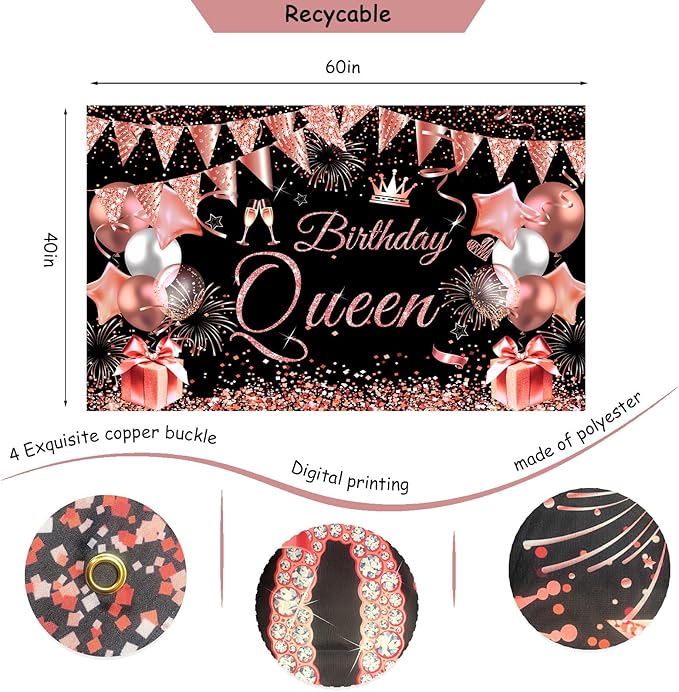 Happy Birthday Decorations for Women Girls Black Rose Gold Birthday