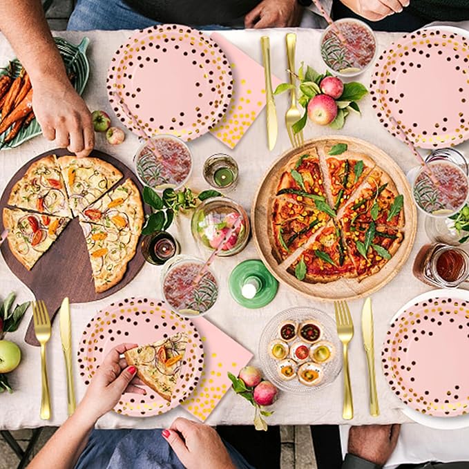 Sylken 186 Pieces pink and Gold Party Tableware Set - 25 Guests Paper