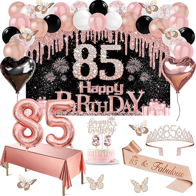 85th Birthday Decorations for Women 49pcs Black Rose Gold Black
