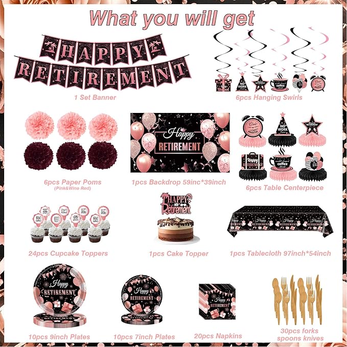 Retirement Party Decorations Rose Gold Retired Plates and Napkins