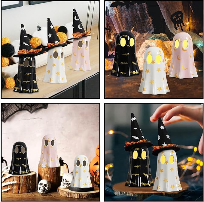 Halloween Decor Indoor Set of 3 Ceramic Ghosts with Witch Hats Cute