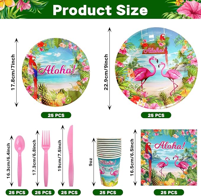 175 Pcs Aloha Tropical Flamingo Party Supplies Set Serves 25