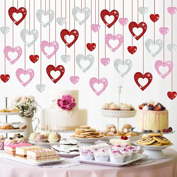 36PCS Valentine's Day Decorations Glitter Heart Hanging Swirls Red