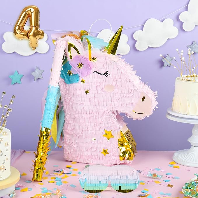 Small Unicorn Pinata Pink Gold with a Blindfold a Bat and Confetti