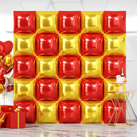 25PCS Christmas Balloons Red Gold Square Foil Balloons Wall Backdrop