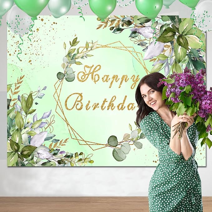 Sensfun Sage Green Birthday Backdrop Banner Greenery Birthday Decorati