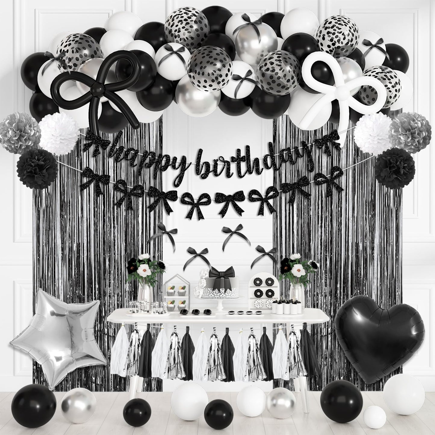 Black Bow Birthday Party Decorations, Coquette Bow Black and White