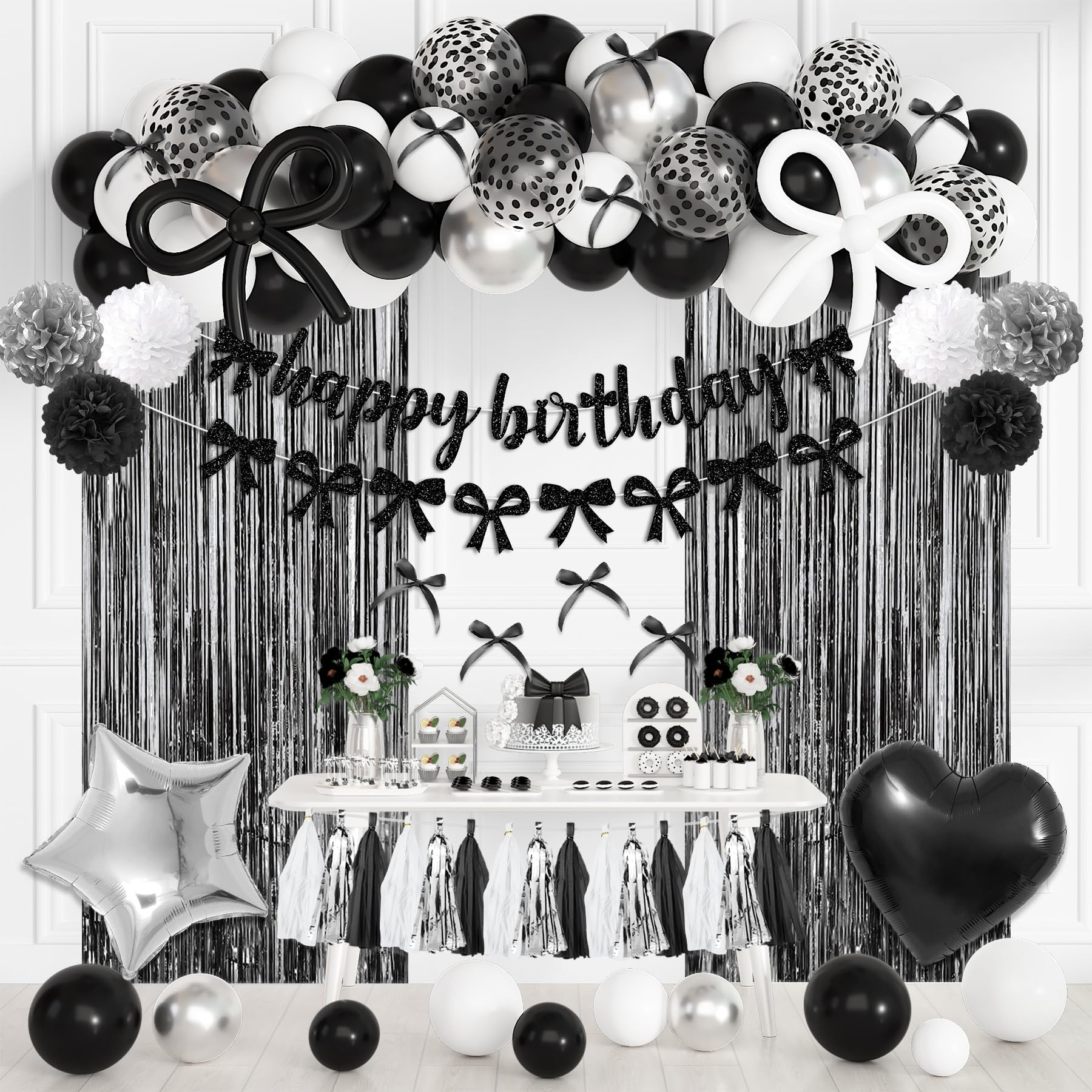 Black Bow Birthday Party Decorations, Coquette Bow Black and White