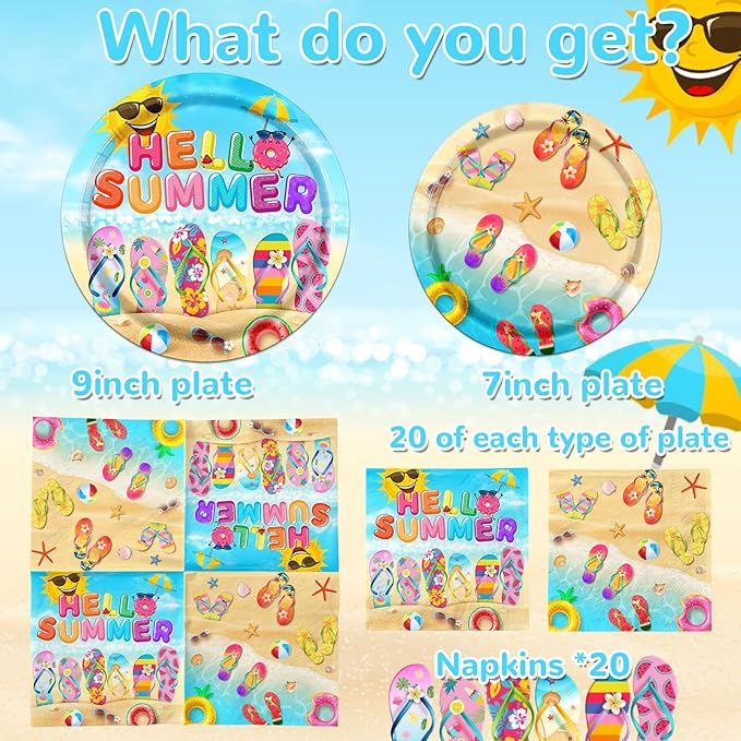 Beach Party Decorations 60 Pcs Hello Summer Flip Flop Decor Plates &