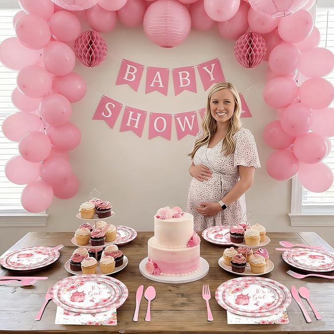 168Pcs Baby Shower Decorations for Girl, Pink Floral Baby Shower