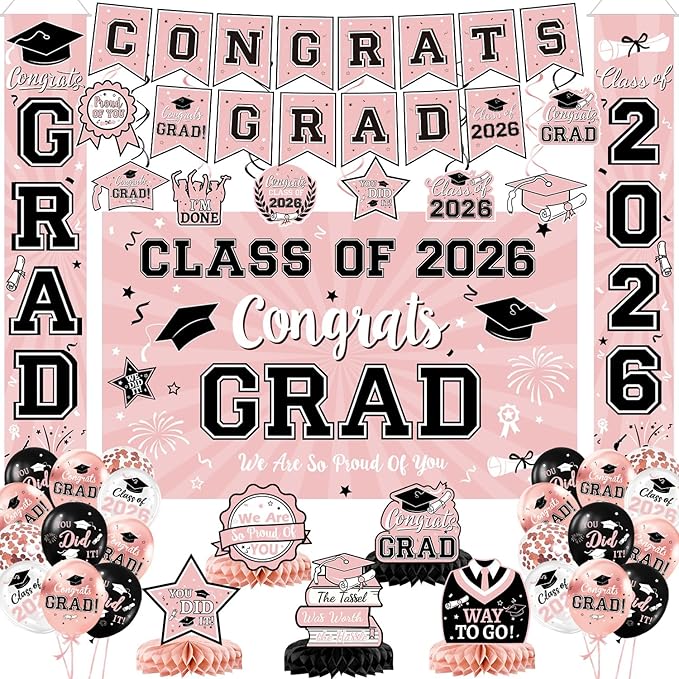 Pink Graduation Decorations 2026 Congrats Grad Banner & Backdrop