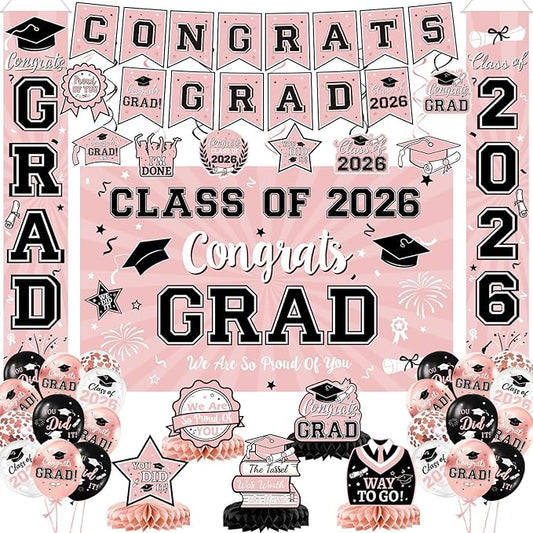 Pink Graduation Decorations 2026 Congrats Grad Banner & Backdrop