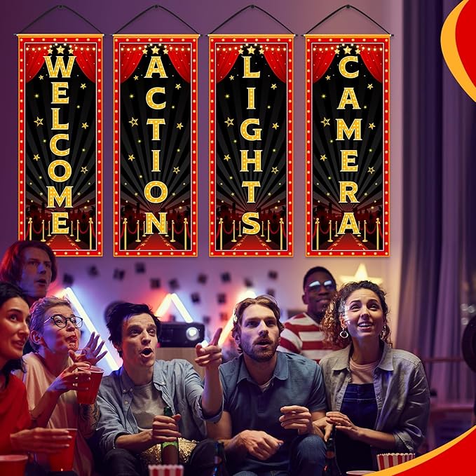 4 Pcs Movie Night Porch Banner Movie Themed Party Decorations