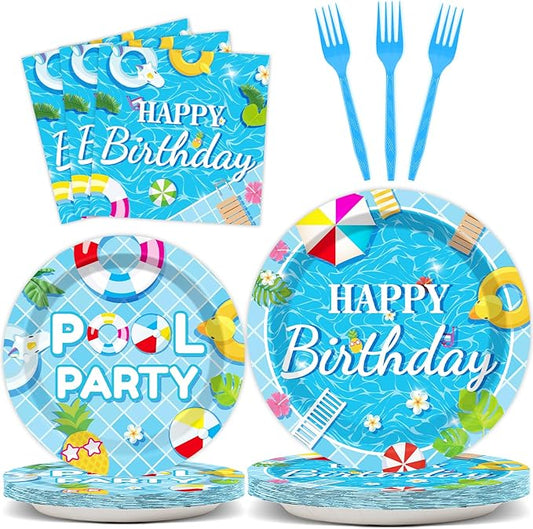 96 Pieces Pool Birthday Party Tableware Set for Summer Beach Table