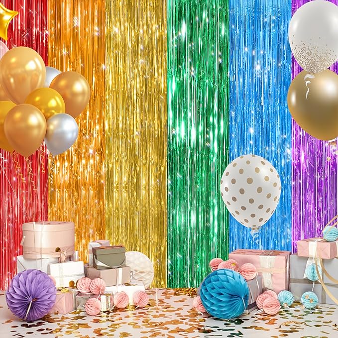 2Pack Rainbow Foil Fringe Curtains Backdrop Decorations, Rainbow