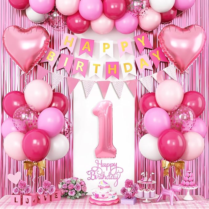 1st Birthday Decorations for Girls Hot Pink Birthday Balloons with