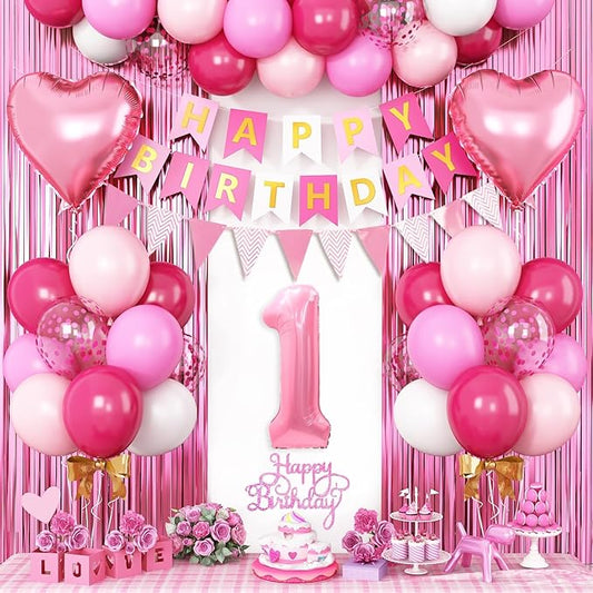 1st Birthday Decorations for Girls Hot Pink Birthday Balloons with