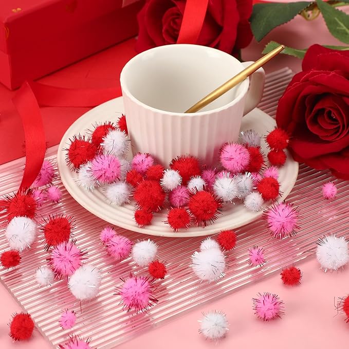 Valentine's Day Pom Poms Balls 600 Pieces Pink Red Glitter Pom Poms