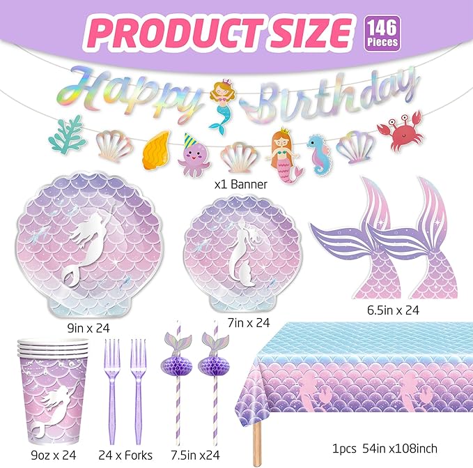 146Pcs Shell Plates and Napkins Iridescent Mermaid Party Supplies