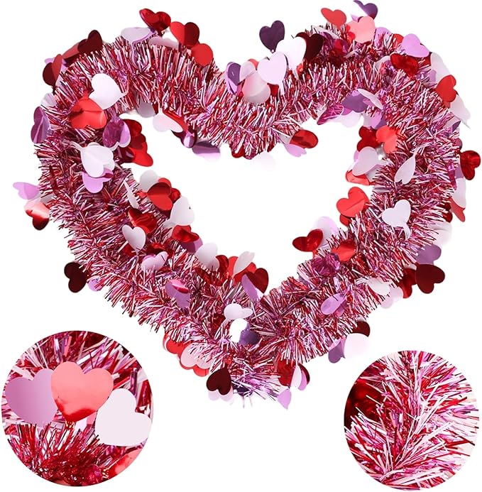 Valentines Day Garland with Hearts 50 Ft Pink Red Glitter Tinsel