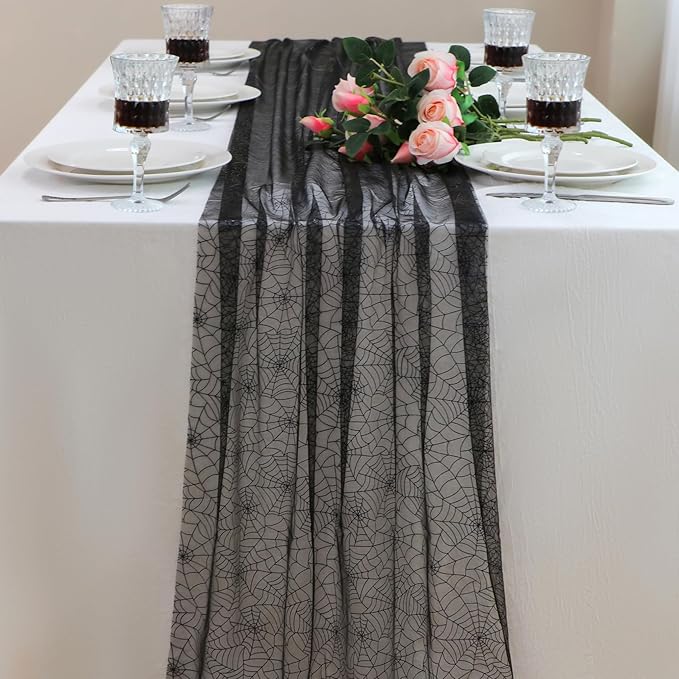 Snowkingdom Halloween Table Runner, 10 FT Black Spider Web Runners