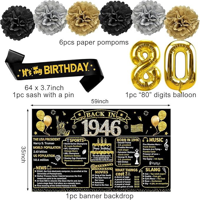 80th Birthday Decorations for Men Women 21pcs the Year 1946 Banner