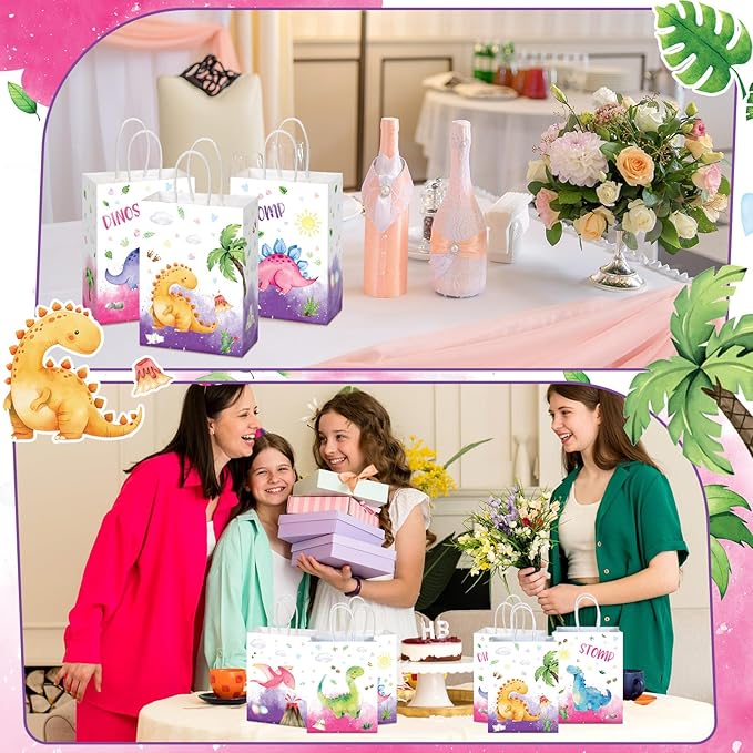 24 Pcs Pink Dinosaur Party Favors Bags with Handles Purple Dinosaur