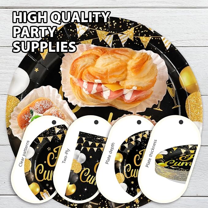 96Pcs Black and Gold Birthday Party Supplies Feliz Cumpleaños Gold