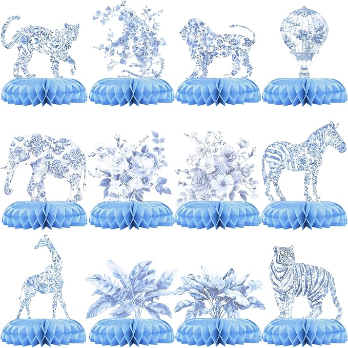 Blue Toile de Jouy Safari Baby Shower Centerpieces – 12 PCS Blue &