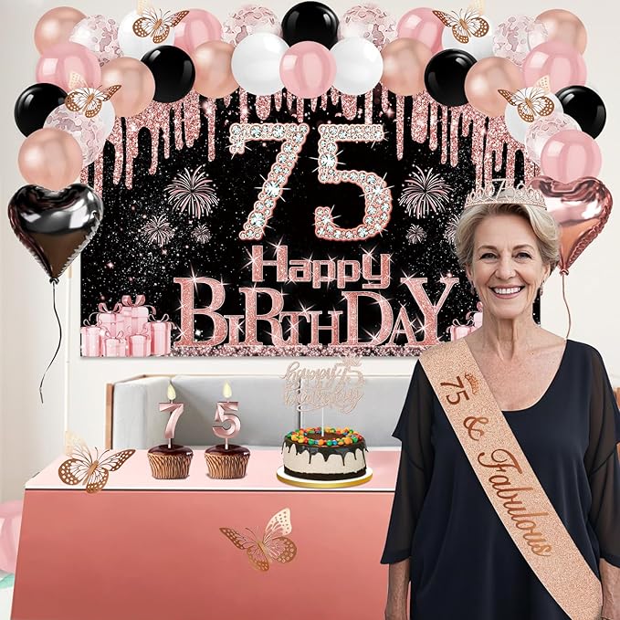 75th Birthday Decorations for Women 49pcs Black Rose Gold Black
