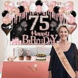 75th Birthday Decorations for Women 49pcs Black Rose Gold Black