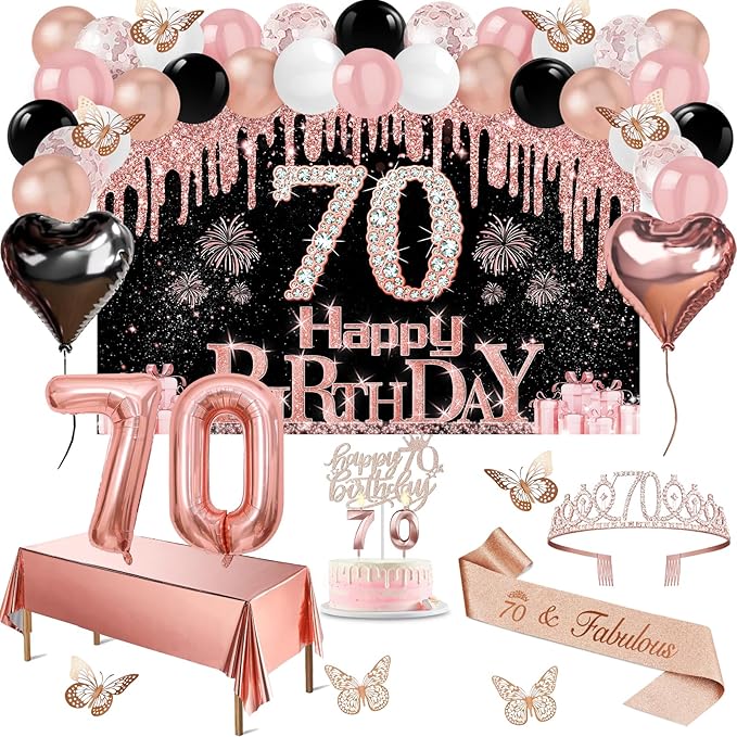 70th Birthday Decorations for Women 49pcs Black Rose Gold Black