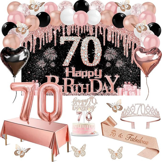 70th Birthday Decorations for Women 49pcs Black Rose Gold Black