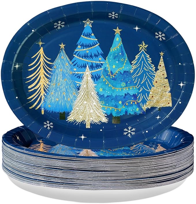50Pcs Blue Christmas Tree Oval Plates 10” x 12” Christmas Tree Heavy