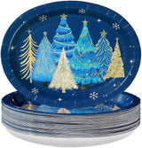 50Pcs Blue Christmas Tree Oval Plates 10” x 12” Christmas Tree Heavy