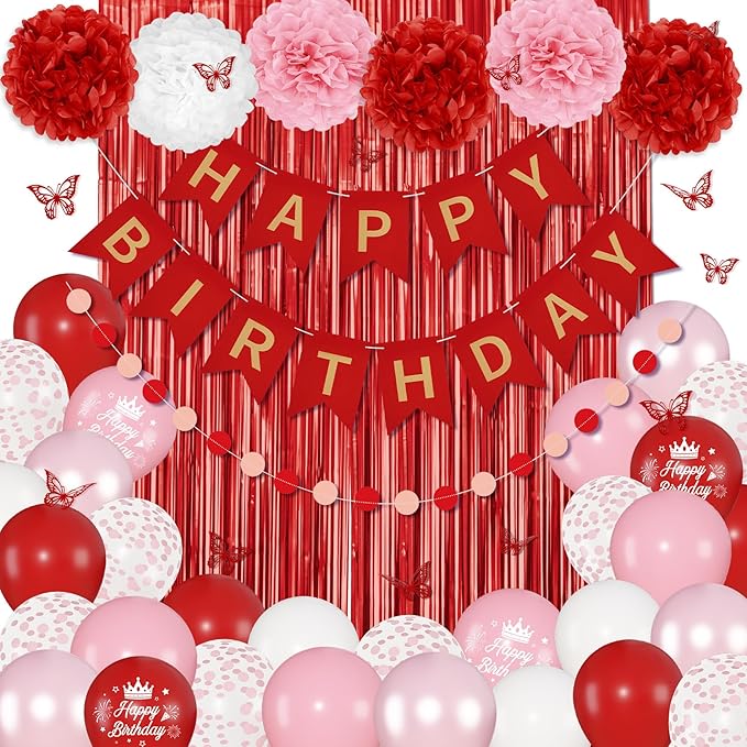 Red Birthday Decorations for Women Girls, Pearl Pink White Confetti