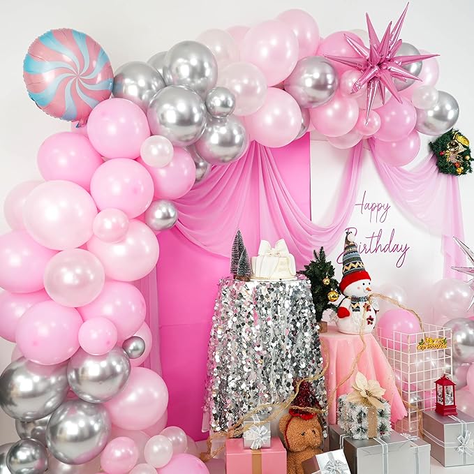 Christmas Balloon Arch Kit Pink and White Silver Balloons Garland