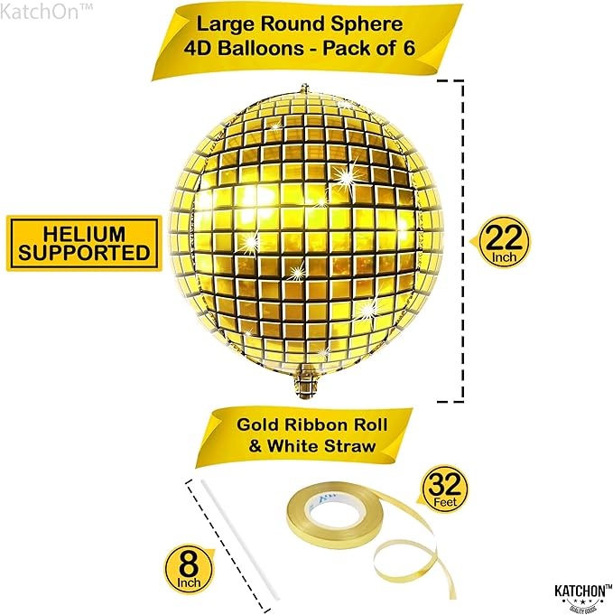 KatchOn, Huge Gold Disco Ball Balloons - 22 Inch Pack of 6 | 4D Disco