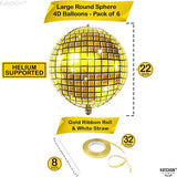 KatchOn, Huge Gold Disco Ball Balloons - 22 Inch Pack of 6 | 4D Disco