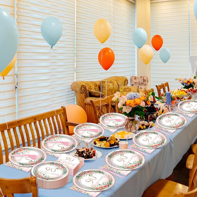 50 Guests 90th Party Decorations Plates Napkins Rose Gold Party