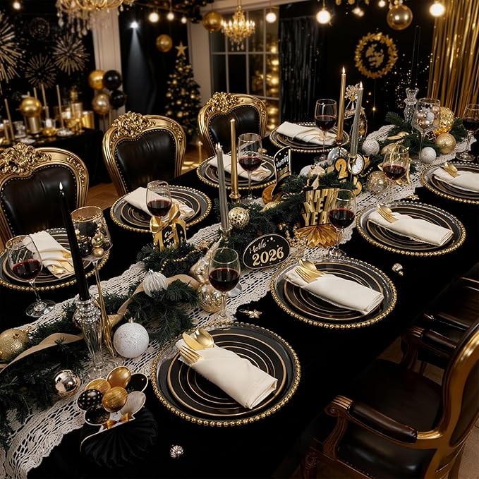 350 Pieces Black and Gold Plastic Plates with Disposable Silverware,