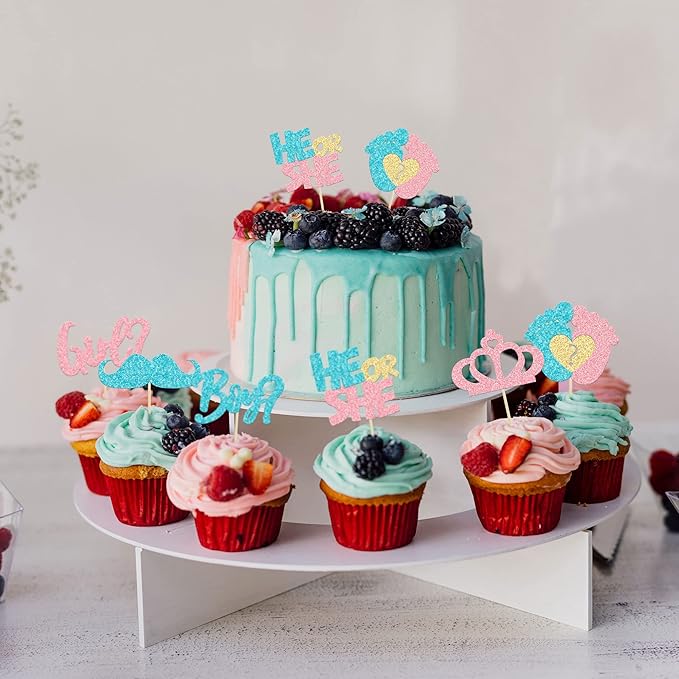 24Pcs Boy or Girl Cupcake Toppers Pink Blue Glitter Crown Moustache