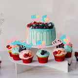 24Pcs Boy or Girl Cupcake Toppers Pink Blue Glitter Crown Moustache