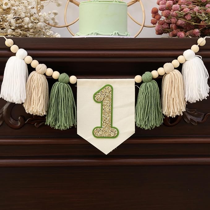 Wild One 1st Green White Highchair Banner Handmade Wood Bead Tassel