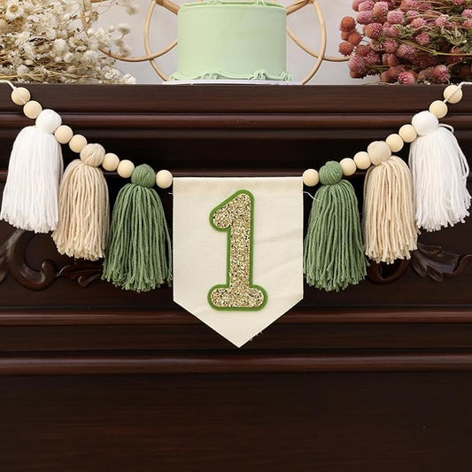 Wild One 1st Green White Highchair Banner Handmade Wood Bead Tassel