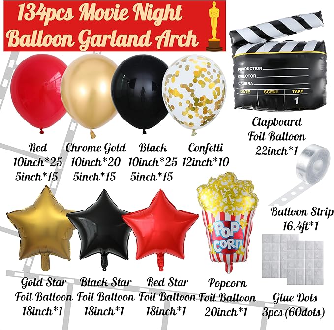 Movie Night Balloon Garland Arch Kit 134pcs Black Red Chrome Gold