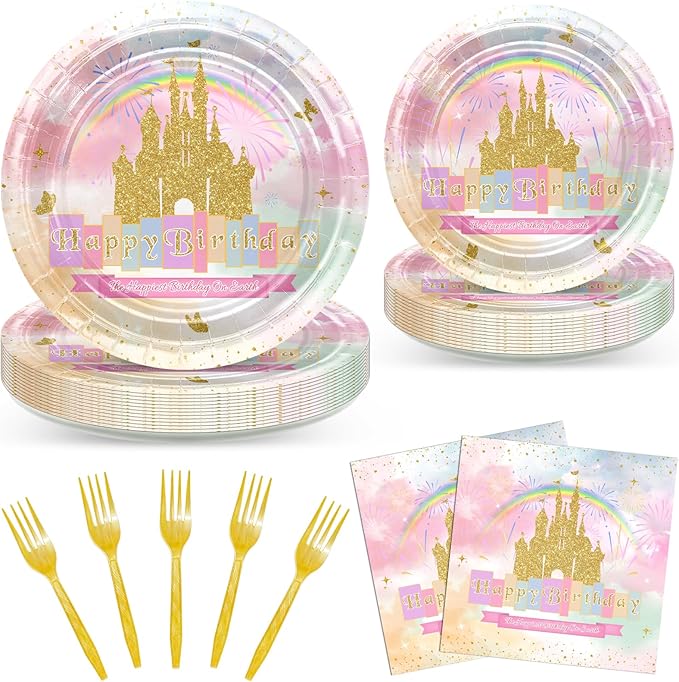 96 PCS Princess Birthday Party Decorations Rainbow Gold Castle