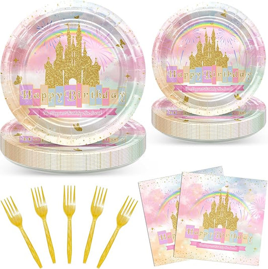 96 PCS Princess Birthday Party Decorations Rainbow Gold Castle