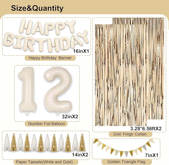 12th Birthday Decorations for Girls, White and Gold 12 Boho Birthday