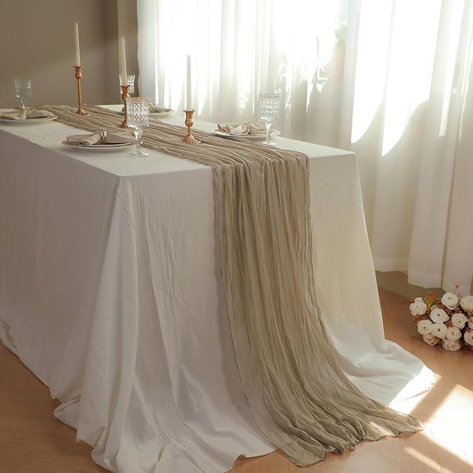 Snowkingdom 6 PCS Nude Brown Cheesecloth Table Runner, Taupe Light